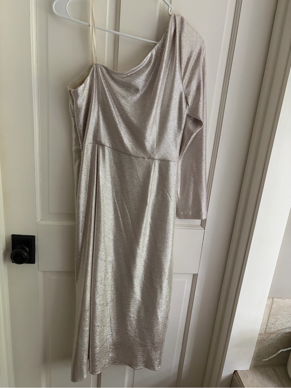 NWT Shimmery One-Shoulder Silver Evening Dress